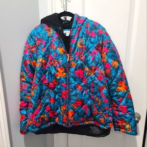 Pioneer Woman Teal Floral Quilted Puffer Jacket With Hood